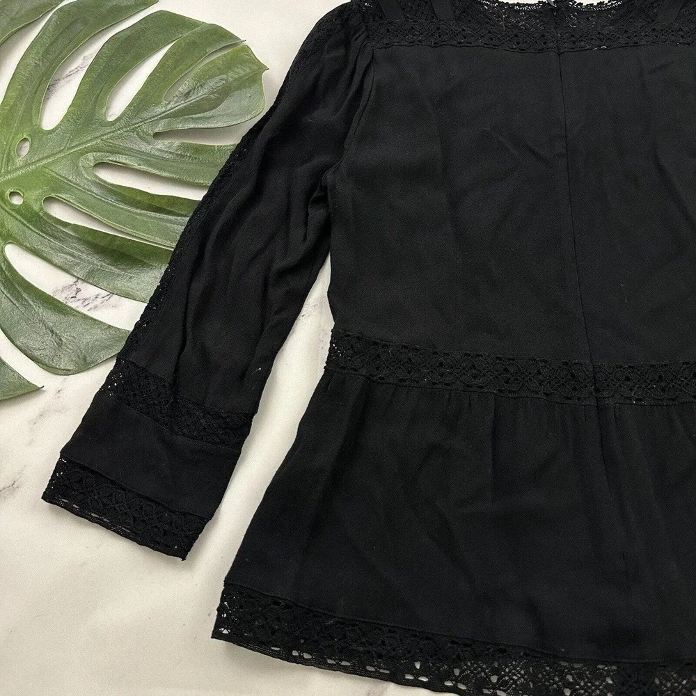 J.Crew Point Sur Lacey Top Size 8 Black Crochet Trim Peasant Bell Sleeve Lace